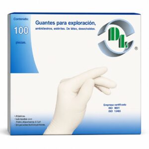 GUANTE DE EXPLORACIÓN ESTÉRIL Y DESECHABLE, MARCA DL. TALLA MEDIANA CAJA C/100 PIEZAS
