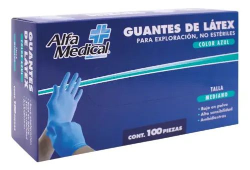GUANTES DE LÁTEX NO ESTÉRIL AZUL TALLA MEDIANA CAJA C/100 PIEZAS ALFA MEDICAL