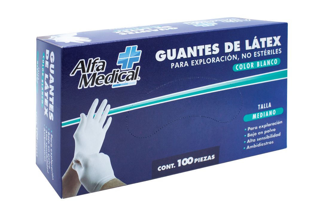 GUANTES DE LÁTEX NO ESTÉRIL BLANCOS TALLA MEDIANA CAJA C/100 PIEZAS ALFA MEDICAL