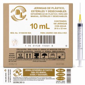 JERINGA ESTÉRIL Y DESECHABLE DE 10 ML., CON AGUJA 20GX32MM CAJA C/100 PIEZAS