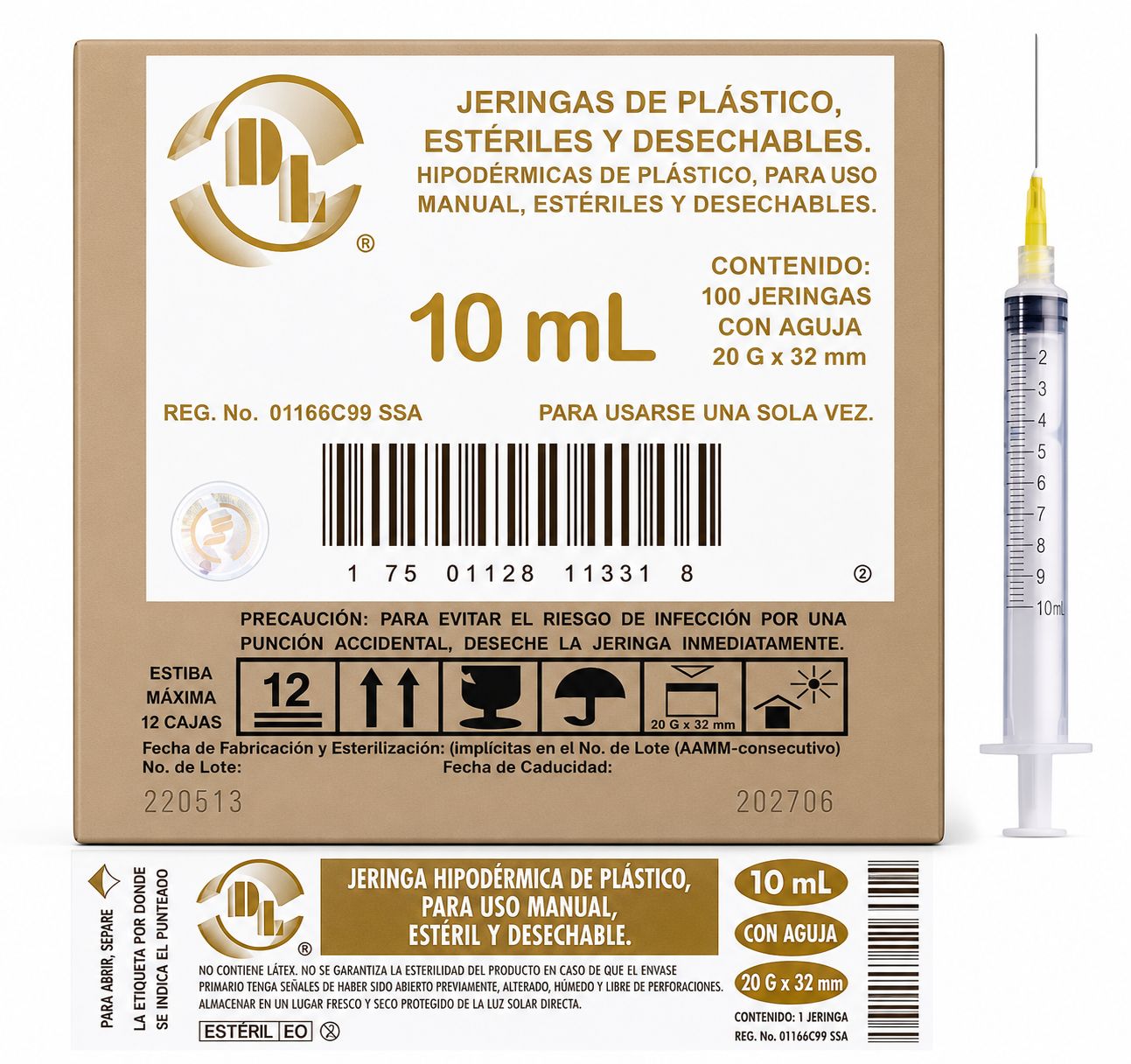 JERINGA ESTÉRIL Y DESECHABLE DE 10 ML., CON AGUJA 20GX32MM CAJA C/100 PIEZAS