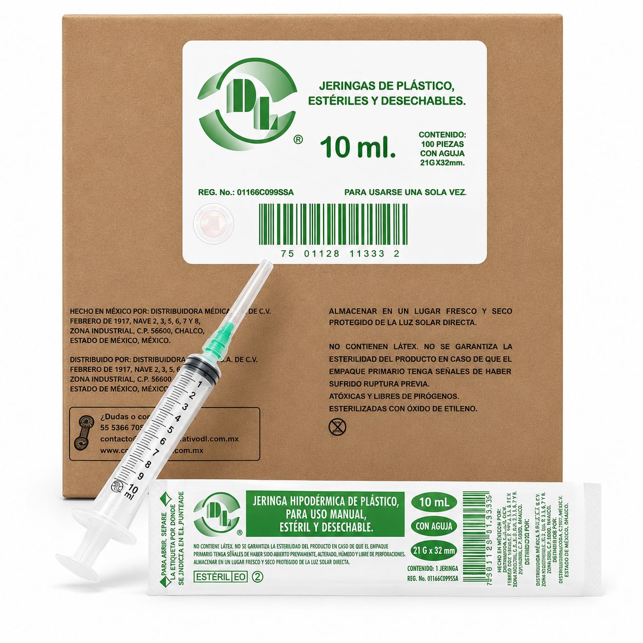 JERINGA ESTÉRIL Y DESECHABLE DE 10 ML., CON AGUJA 21GX32MM CAJA C/100 PIEZAS