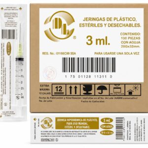 JERINGA ESTÉRIL Y DESECHABLE DE 3 ML., CON  AGUJA  20GX32MM CAJA C/100 PIEZAS