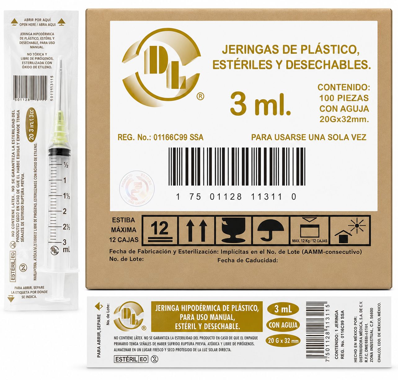 JERINGA ESTÉRIL Y DESECHABLE DE 3 ML., CON AGUJA 20GX32MM CAJA C/100 PIEZAS