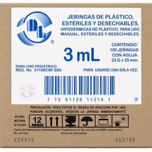 JERINGA ESTÉRIL Y DESECHABLE DE 3 ML., CON AGUJA 23GX25MM CAJA C/100 PIEZAS