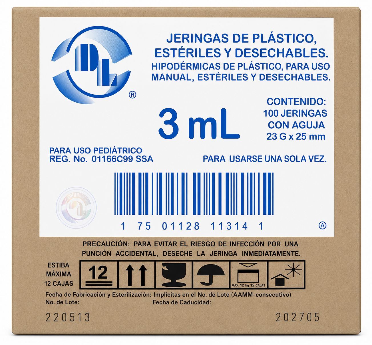 JERINGA ESTÉRIL Y DESECHABLE DE 3 ML., CON AGUJA 23GX25MM CAJA C/100 PIEZAS