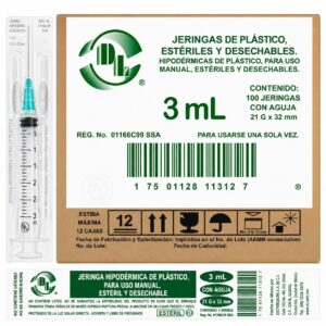 JERINGA ESTÉRIL Y DESECHABLE DE 3 ML., CON AGUJA 21GX32MM CAJA C/100 PIEZAS