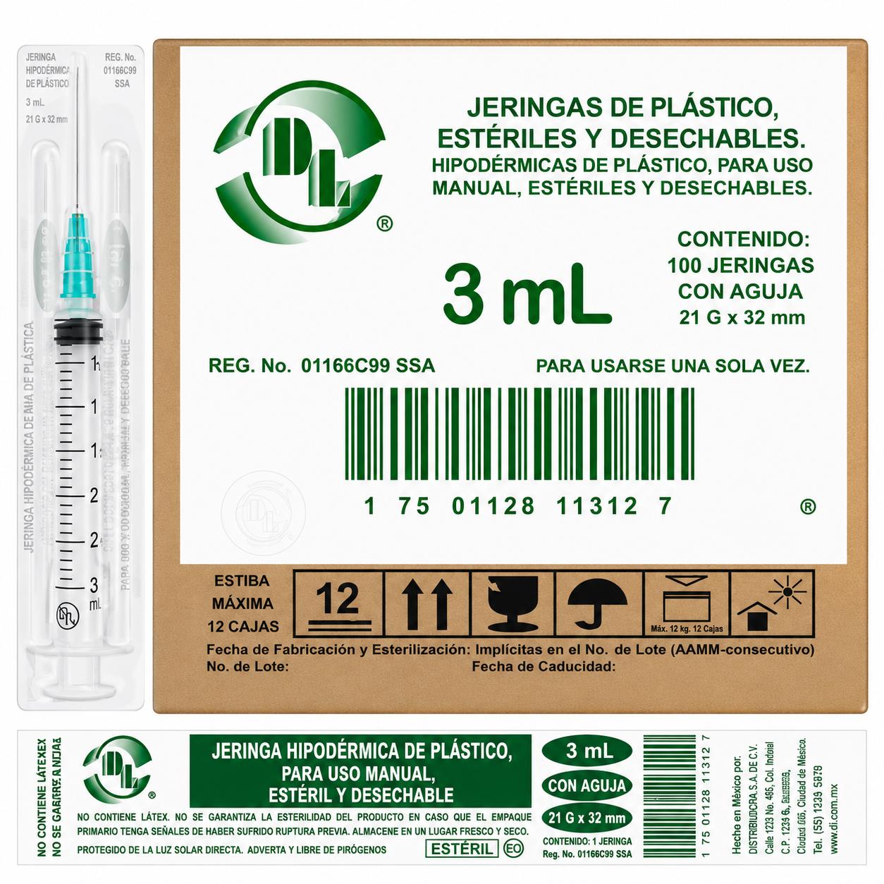 JERINGA ESTÉRIL Y DESECHABLE DE 3 ML., CON AGUJA 21GX32MM CAJA C/100 PIEZAS