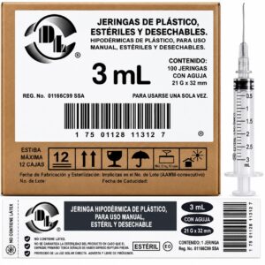 JERINGA ESTÉRIL Y DESECHABLE DE 3 ML., CON AGUJA 22GX32MM CAJA C/100 PIEZAS