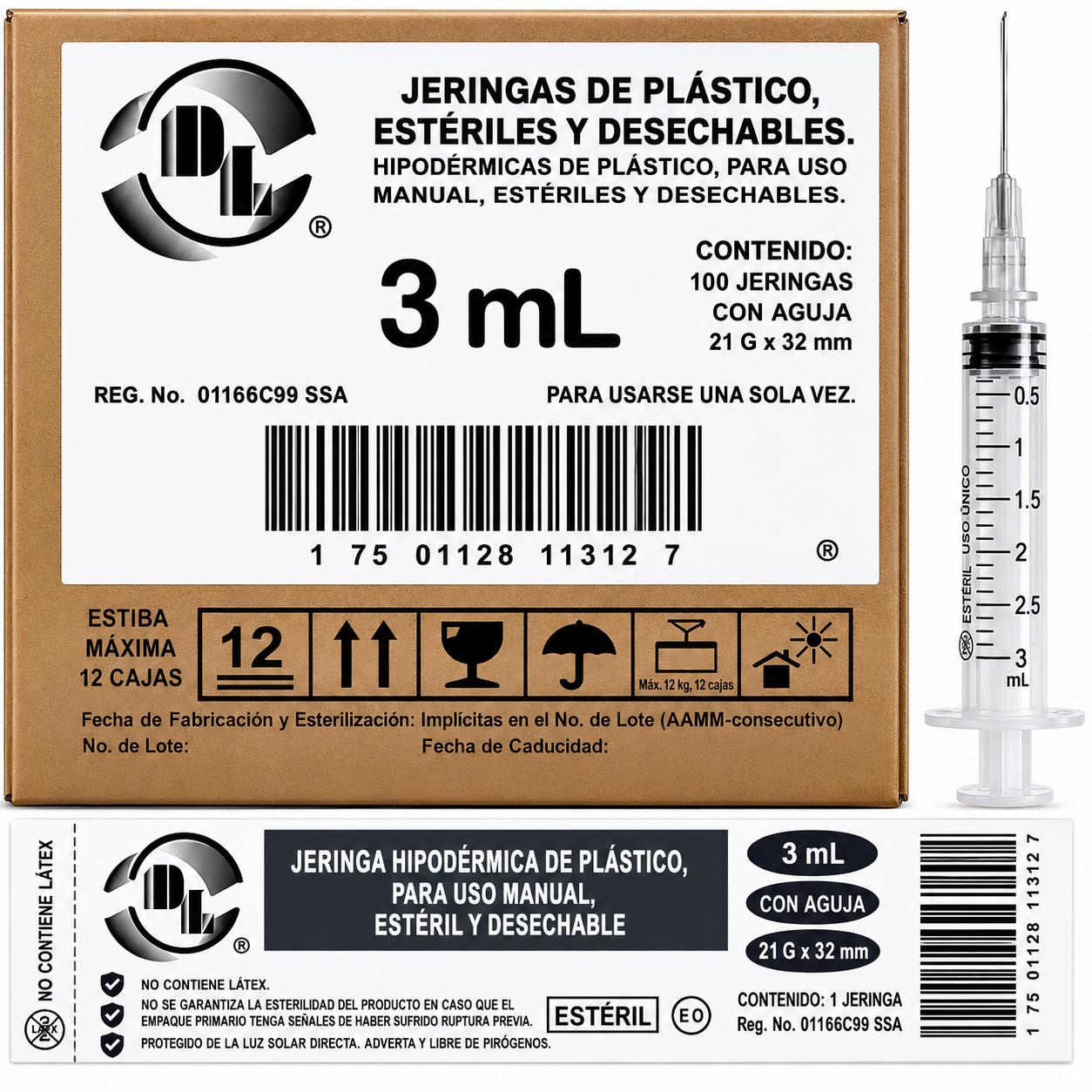 JERINGA ESTÉRIL Y DESECHABLE DE 3 ML., CON AGUJA 22GX32MM CAJA C/100 PIEZAS