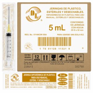 JERINGA ESTÉRIL Y DESECHABLE DE 5 ML., CON AGUJA 20GX32MM CAJA C/100 PIEZAS