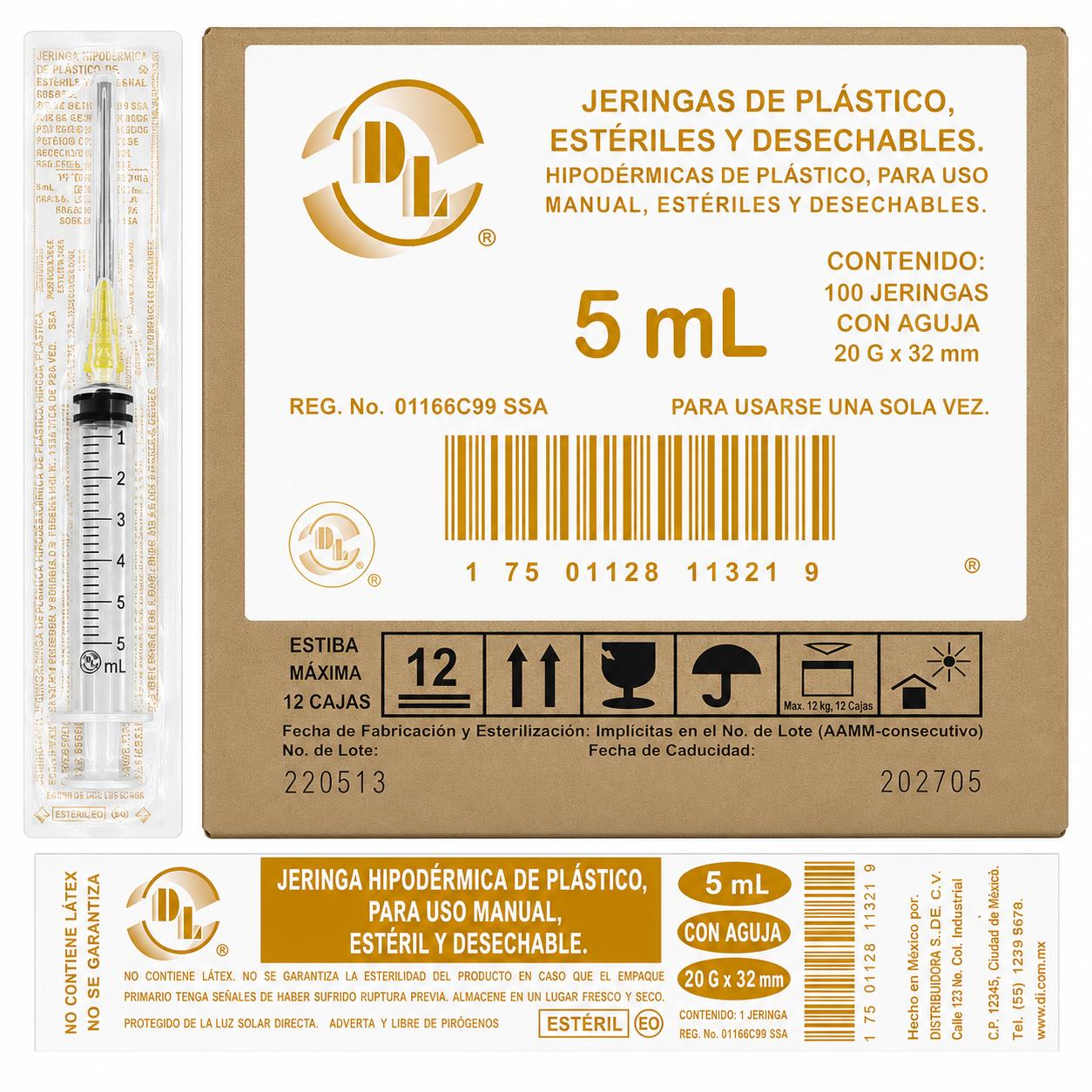 JERINGA ESTÉRIL Y DESECHABLE DE 5 ML., CON AGUJA 20GX32MM CAJA C/100 PIEZAS