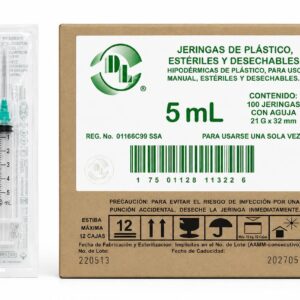 JERINGA ESTÉRIL Y DESECHABLE DE 5 ML., CON AGUJA 21GX32MM CAJA C/100 PIEZAS