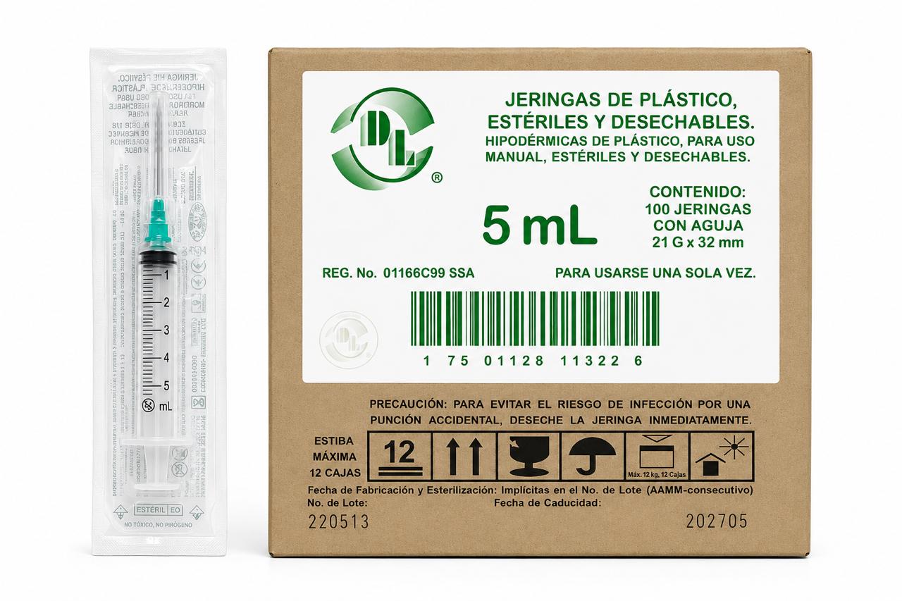 JERINGA ESTÉRIL Y DESECHABLE DE 5 ML., CON AGUJA 21GX32MM CAJA C/100 PIEZAS