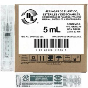 JERINGA ESTÉRIL Y DESECHABLE DE 5 ML., CON  AGUJA 22Gx32MM CAJA C/100 PIEZAS