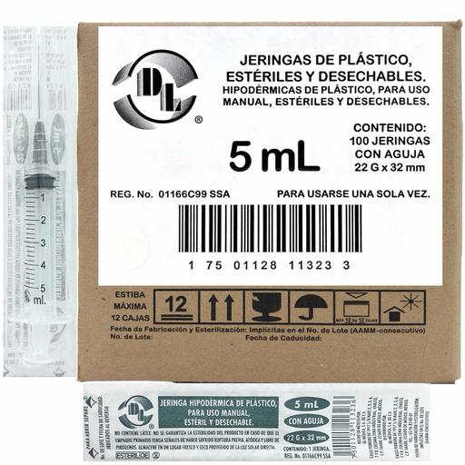 JERINGA ESTÉRIL Y DESECHABLE DE 5 ML., CON AGUJA 22Gx32MM CAJA C/100 PIEZAS
