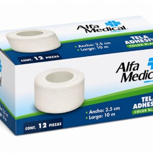 TELA ADHESIVA BLANCA 2.5CM X 10M CAJA C/12 PIEZAS ALFA MEDICAL