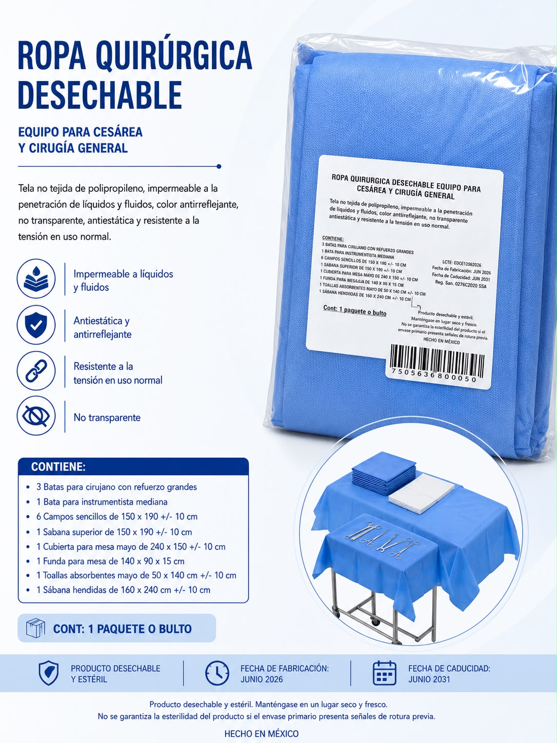 EQUIPO PARA CESAREA Y CIRUGIA GENERAL ESTÉRIL (ROPA QUIRÚRGICA DESECHABLE)